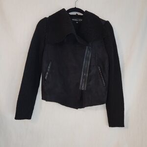Kendall & Kylie Chic Black Jacket with Zipper. Faux Suede Body, Knit Arms